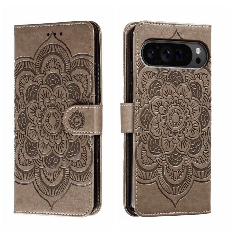 For Google Pixel 9 Pro Sun Mandala Embossing Pattern Phone Leather Case(Grey) by buy2fix