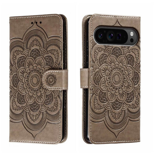 For Google Pixel 9 Pro Sun Mandala Embossing Pattern Phone Leather Case(Grey) by buy2fix
