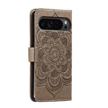 For Google Pixel 9 Pro Sun Mandala Embossing Pattern Phone Leather Case(Grey) by buy2fix