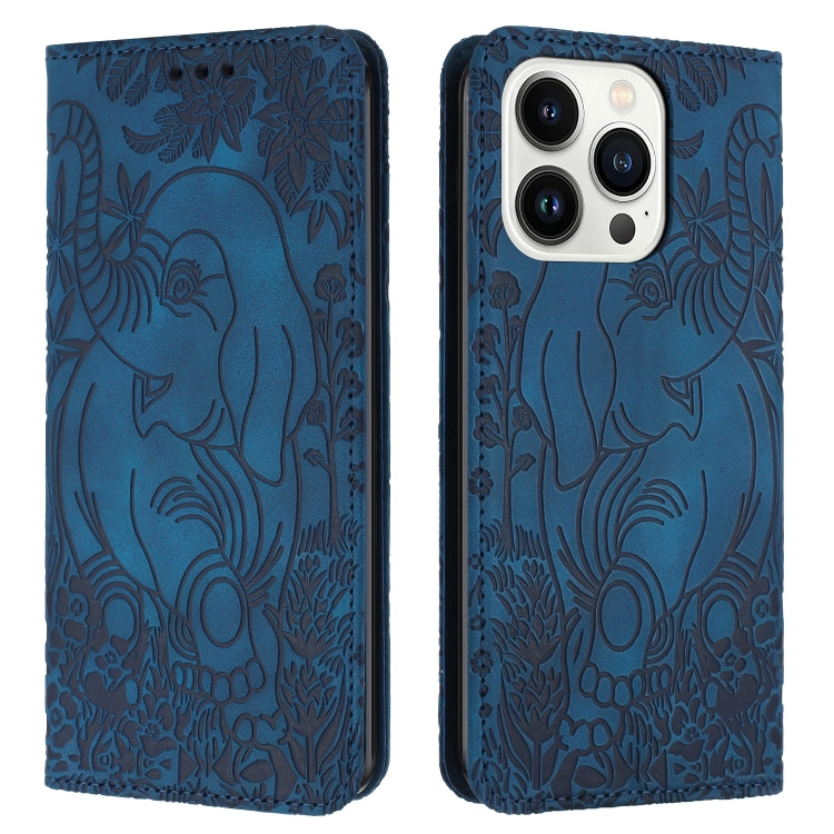 For iPhone 16 Pro Max Retro Elephant Embossed Leather Phone Case(Blue) by buy2fix