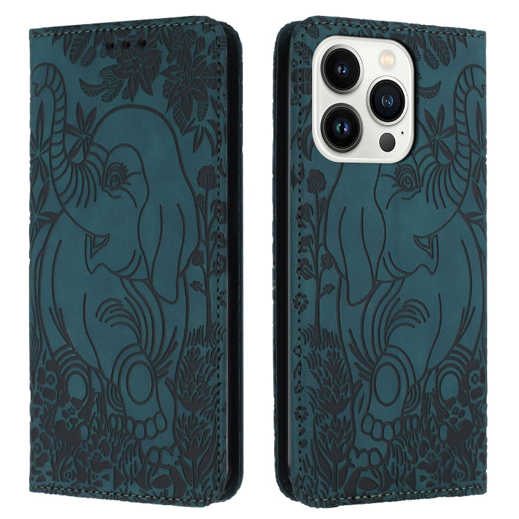 For iPhone 16 Pro Retro Elephant Embossed Leather Phone Case(Green) by buy2fix
