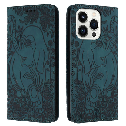 For iPhone 16 Pro Retro Elephant Embossed Leather Phone Case(Green) by buy2fix