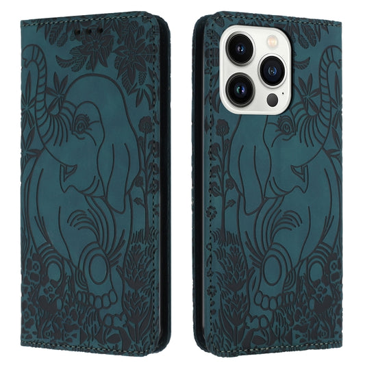 For iPhone 16 Pro Retro Elephant Embossed Leather Phone Case(Green) by buy2fix