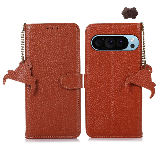 For Google Pixel 10 / 9 Genuine Leather Litchi Texture RFID Leather Phone Case(Coffee) by buy2fix