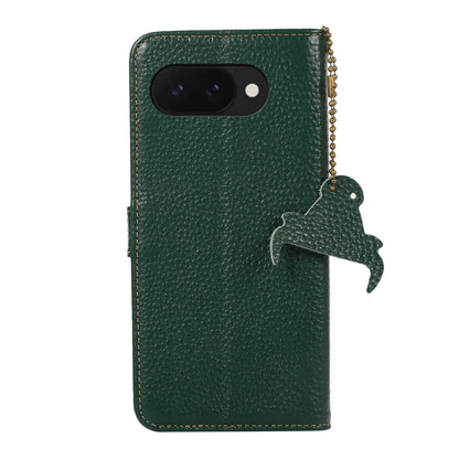 For Google Pixel 9a Genuine Leather Litchi Texture RFID Leather Phone Case(Green) - Google Cases by buy2fix | Online Shopping UK | buy2fix