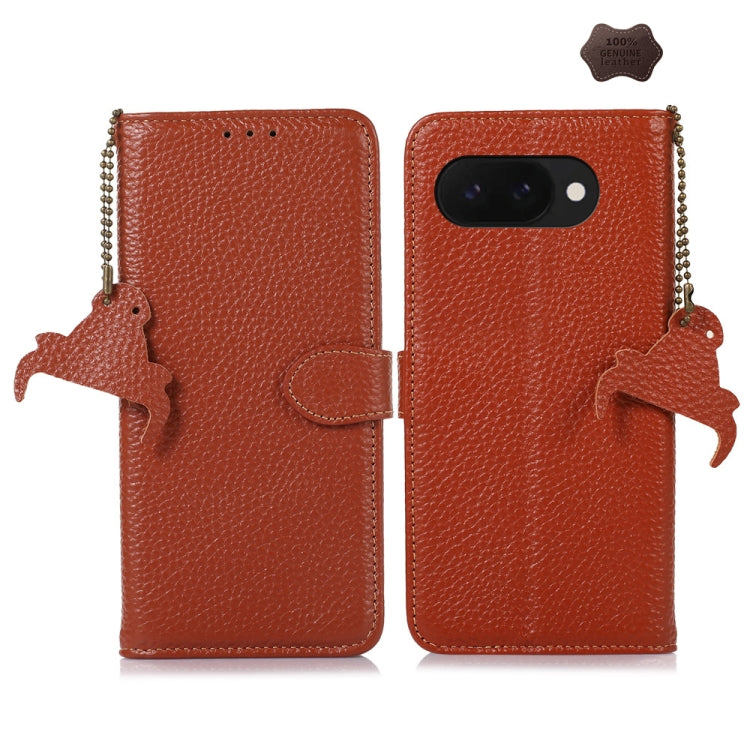 For Google Pixel 9a Genuine Leather Litchi Texture RFID Leather Phone Case(Coffee) - Google Cases by buy2fix | Online Shopping UK | buy2fix