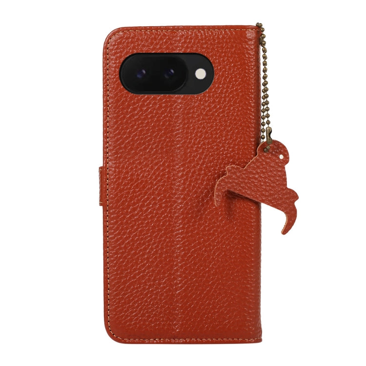For Google Pixel 9a Genuine Leather Litchi Texture RFID Leather Phone Case(Coffee) - Google Cases by buy2fix | Online Shopping UK | buy2fix