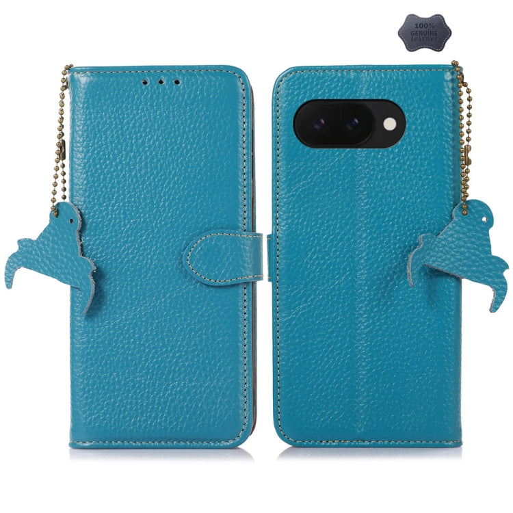 For Google Pixel 9a Genuine Leather Litchi Texture RFID Leather Phone Case(Blue) - Google Cases by buy2fix | Online Shopping UK | buy2fix