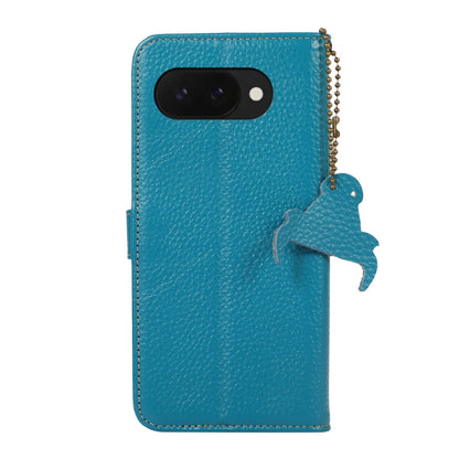 For Google Pixel 9a Genuine Leather Litchi Texture RFID Leather Phone Case(Blue) - Google Cases by buy2fix | Online Shopping UK | buy2fix