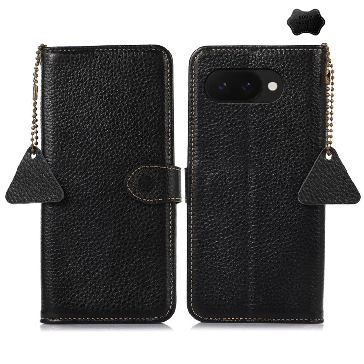 For Google Pixel 9a Genuine Leather Litchi Texture RFID Leather Phone Case(Black) - Google Cases by buy2fix | Online Shopping UK | buy2fix