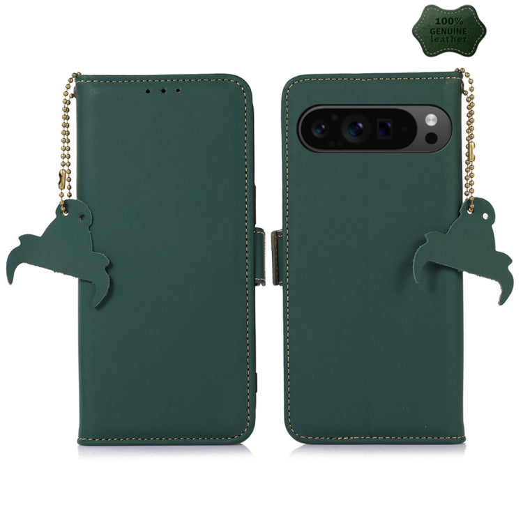 For Google Pixel 10 Pro / 9 Pro Genuine Leather Magnetic RFID Leather Phone Case(Green) - Google Cases by buy2fix | Online Shopping UK | buy2fix
