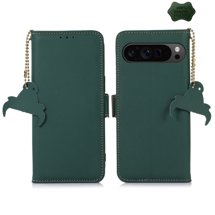 For Google Pixel 10 / 9 Genuine Leather Magnetic RFID Leather Phone Case(Green) - Google Cases by buy2fix | Online Shopping UK | buy2fix