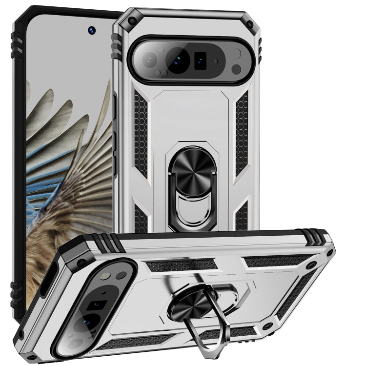 For Google Pixel 9 Pro XL Shockproof TPU + PC Phone Case with Holder(Silver) by buy2fix