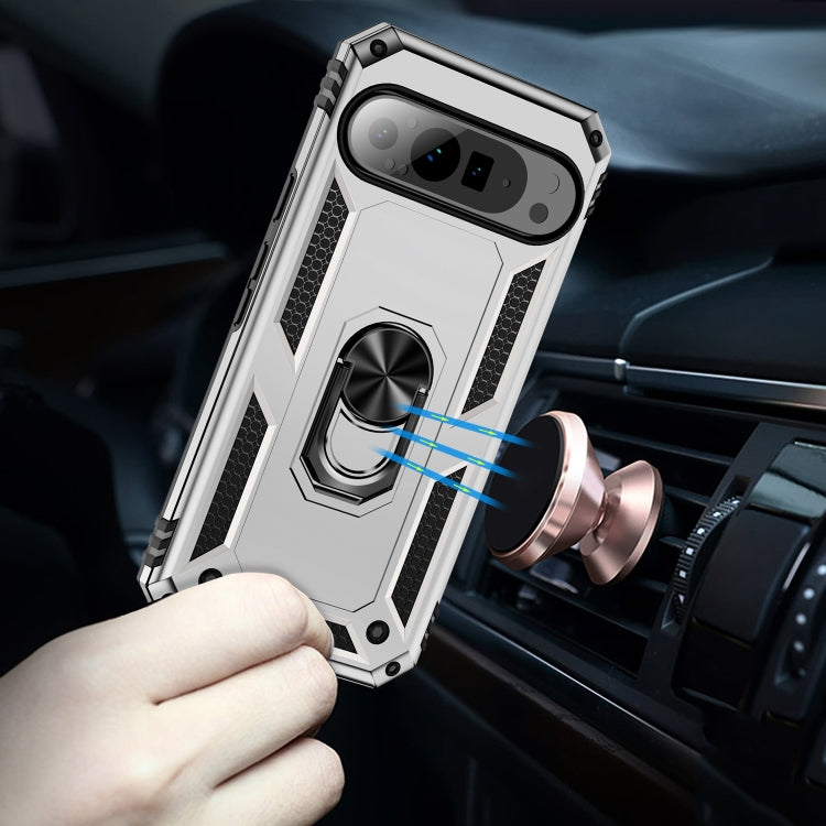 For Google Pixel 9 Pro XL Shockproof TPU + PC Phone Case with Holder(Silver) by buy2fix