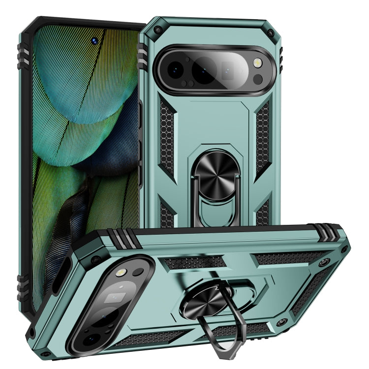 For Google Pixel 9 Pro / 9 Shockproof TPU + PC Phone Case with Holder(Dark Green) by buy2fix