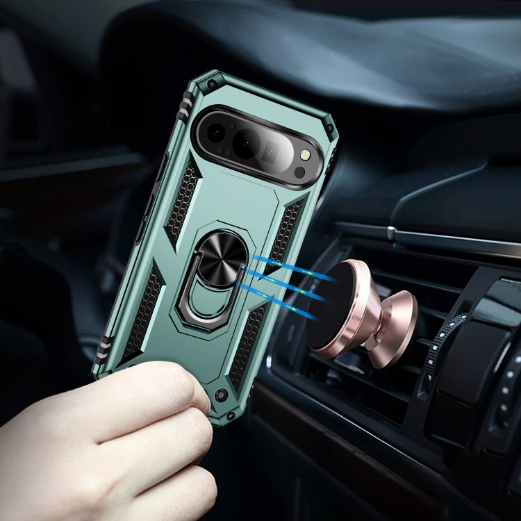 For Google Pixel 9 Pro / 9 Shockproof TPU + PC Phone Case with Holder(Dark Green) by buy2fix