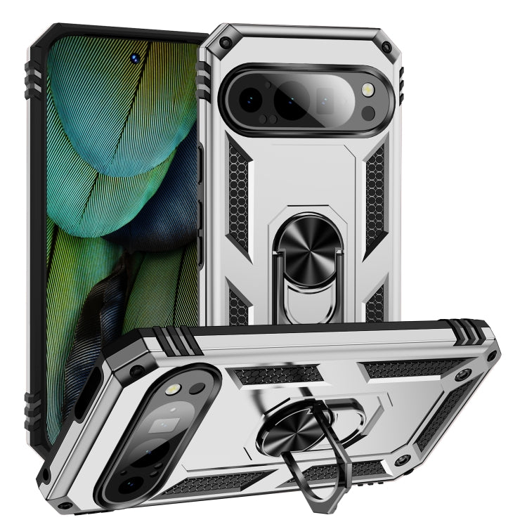 For Google Pixel 9 Pro / 9 Shockproof TPU + PC Phone Case with Holder(Silver) by buy2fix