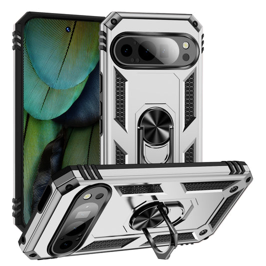 For Google Pixel 9 Pro / 9 Shockproof TPU + PC Phone Case with Holder(Silver) by buy2fix