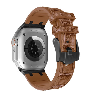 For Apple Watch Ultra 2 49mm Crocodile Texture Liquid Silicone Watch Band(Black Yellow Brown) by buy2fix