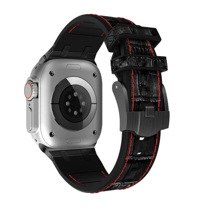 For Apple Watch Series 9 45mm Crocodile Texture Liquid Silicone Watch Band(Black Red Black) by buy2fix