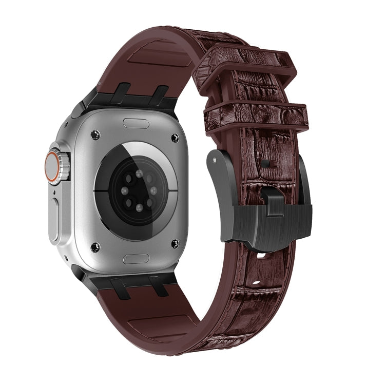 For Apple Watch Ultra 49mm Crocodile Texture Liquid Silicone Watch Band(Black Dark Brown) by buy2fix