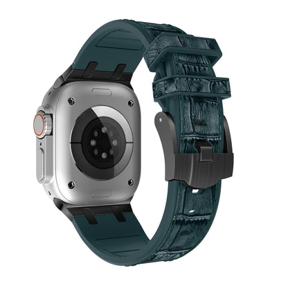 For Apple Watch Series 8 45mm Crocodile Texture Liquid Silicone Watch Band(Black Deep Green) by buy2fix