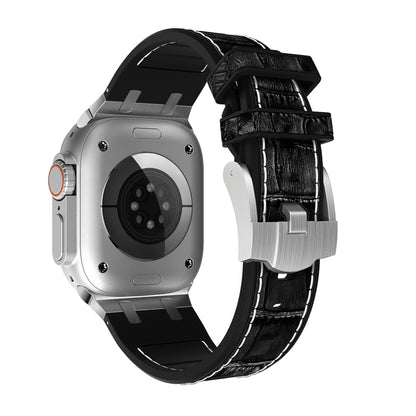 For Apple Watch Series 8 45mm Crocodile Texture Liquid Silicone Watch Band(Silver White Black) by buy2fix