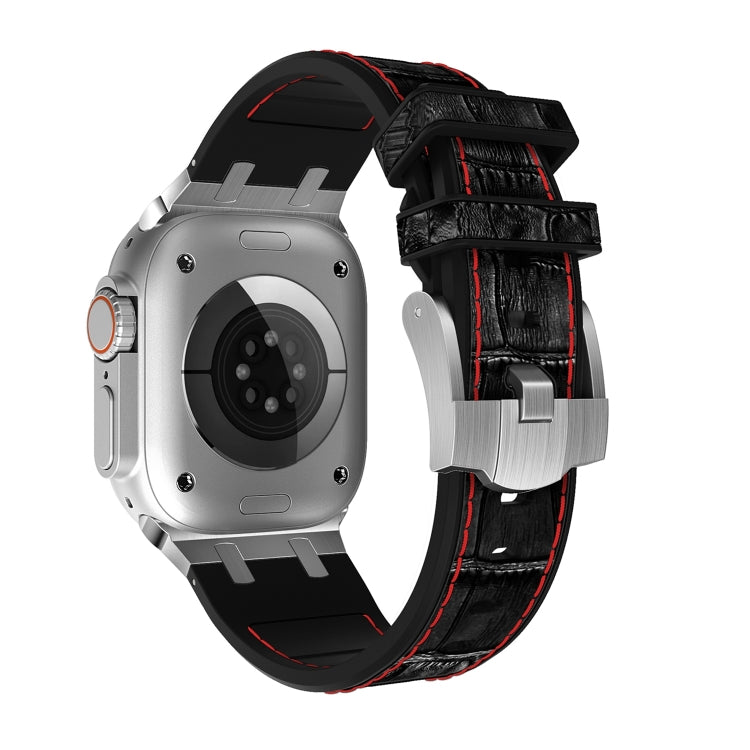 For Apple Watch Series 8 45mm Crocodile Texture Liquid Silicone Watch Band(Silver Red Black) by buy2fix