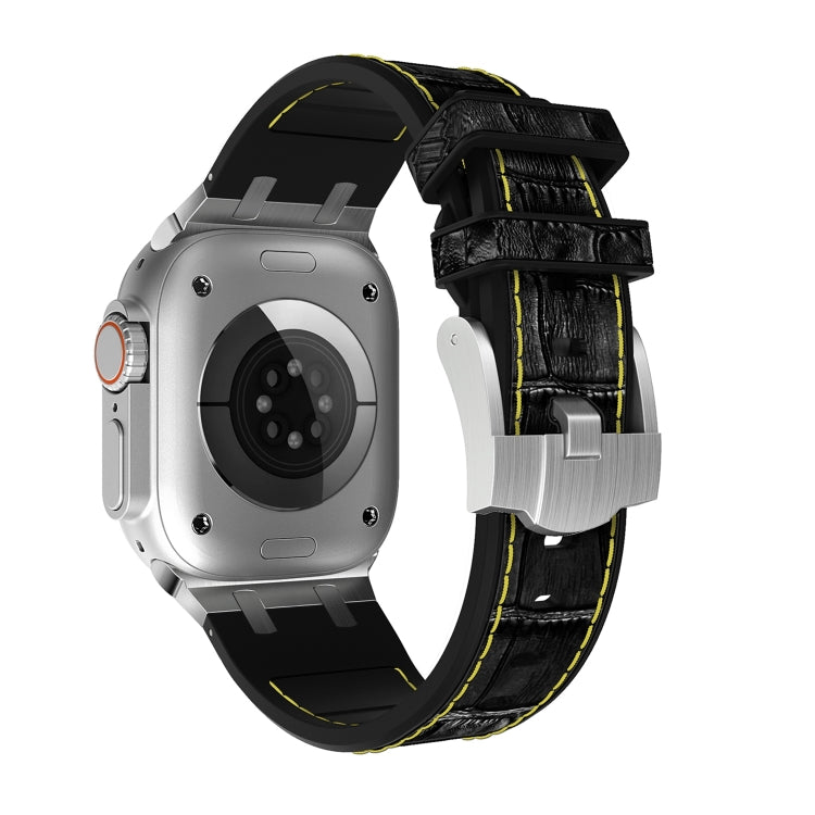 For Apple Watch Series 8 45mm Crocodile Texture Liquid Silicone Watch Band(Silver Yellow Black) by buy2fix