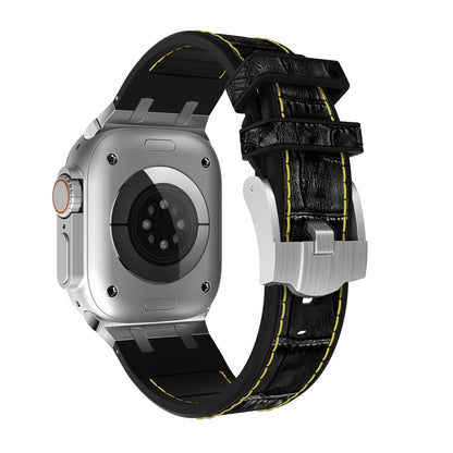 For Apple Watch Series 8 45mm Crocodile Texture Liquid Silicone Watch Band(Silver Yellow Black) by buy2fix