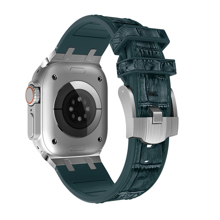 For Apple Watch Series 8 45mm Crocodile Texture Liquid Silicone Watch Band(Silver Deep Green) by buy2fix
