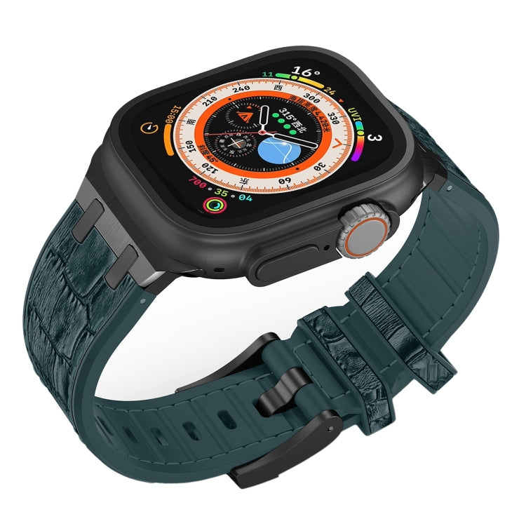 For Apple Watch Series 7 45mm Crocodile Texture Liquid Silicone Watch Band(Black Deep Green) by buy2fix
