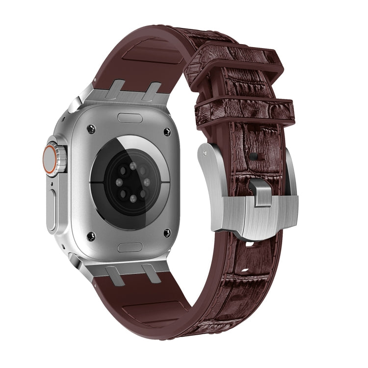 For Apple Watch Series 3 42mm Crocodile Texture Liquid Silicone Watch Band(Silver Dark Brown) by buy2fix