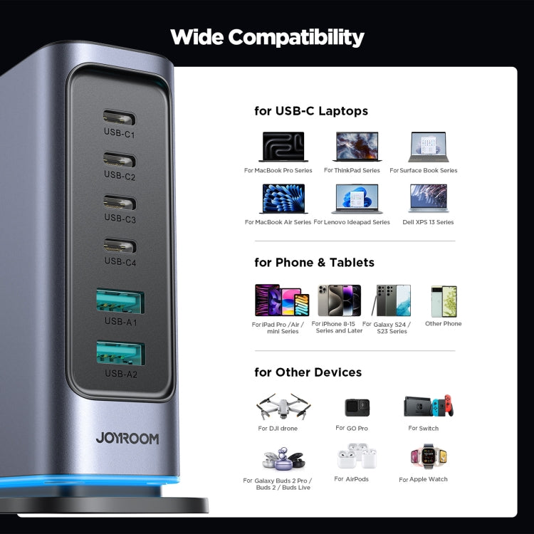 JOYROOM JR-TCM02 6 in 1 65W GaN 4 USB-C & 2 USB-A Multi-port Charger, Power Plug:UK Plug(Dark Gray) by JOYROOM