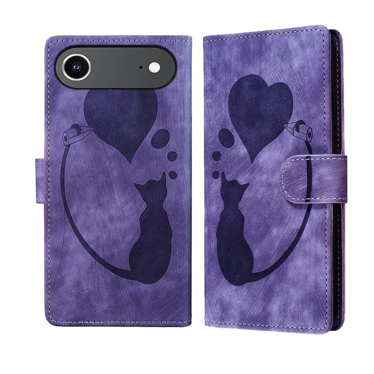 For iPhone Air Pen Heart Cat Embossed Leather Phone Case(Purple) - iPhone Air Cases by buy2fix | Online Shopping UK | buy2fix