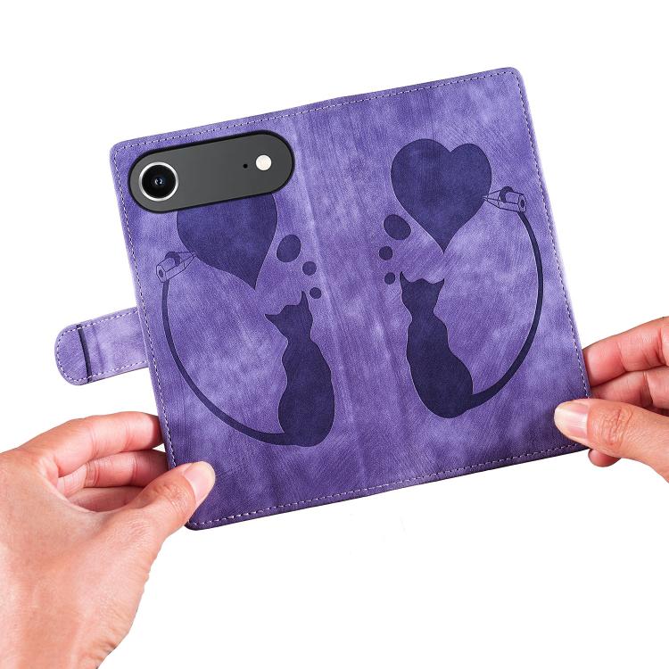 For iPhone Air Pen Heart Cat Embossed Leather Phone Case(Purple) - iPhone Air Cases by buy2fix | Online Shopping UK | buy2fix