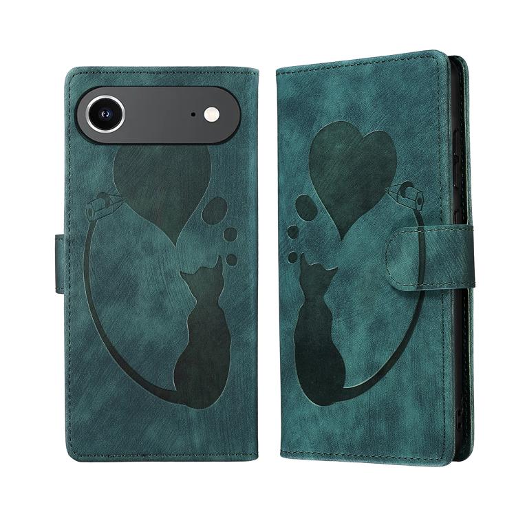 For iPhone Air Pen Heart Cat Embossed Leather Phone Case(Green) - iPhone Air Cases by buy2fix | Online Shopping UK | buy2fix