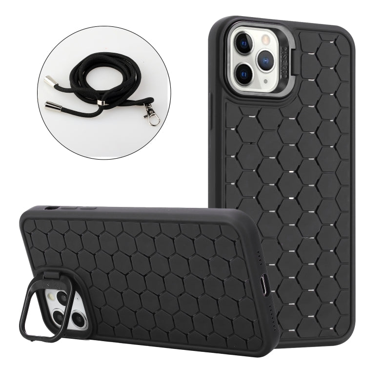 For iPhone 16 Pro Honeycomb Radiating Holder TPU Phone Case with Lanyard(Black) by buy2fix