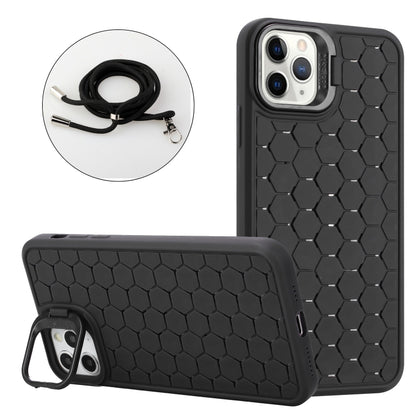 For iPhone 16 Pro Honeycomb Radiating Holder TPU Phone Case with Lanyard(Black) by buy2fix