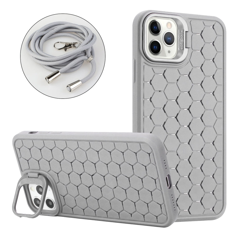 For iPhone 16 Pro Honeycomb Radiating Holder TPU Phone Case with Lanyard(Grey) by buy2fix