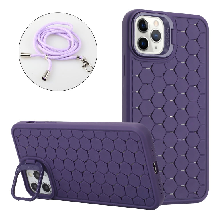For iPhone 16 Pro Honeycomb Radiating Holder TPU Phone Case with Lanyard(Purple) by buy2fix