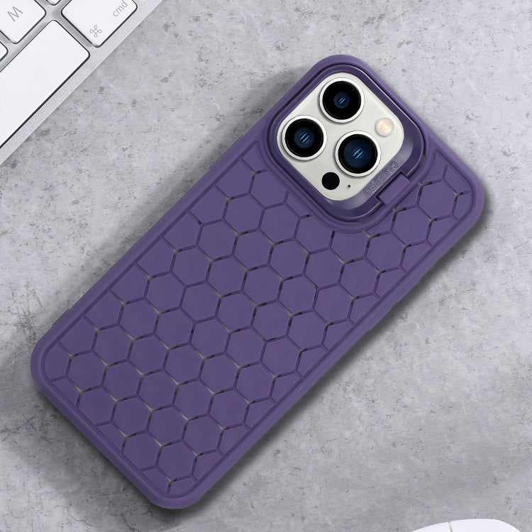 For iPhone 16 Pro Honeycomb Radiating Holder TPU Phone Case with Lanyard(Purple) by buy2fix
