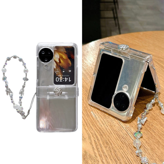 For OPPO Find N3 Flip Skin Feel PC Feather Gauze Glitter Paper Camellia Phone Case with Bracelet(Transparent) - OPPO Cases by buy2fix | Online Shopping UK | buy2fix