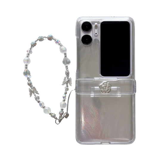 For OPPO Find N2 Flip Skin Feel PC Feather Gauze Glitter Paper Camellia Phone Case with Bracelet(Transparent)