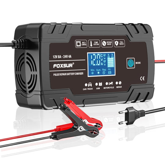 FOXSUR 8A 12V 24V Car / Motorcycle Smart Battery Charger, Plug Type:UK Plug(Black)