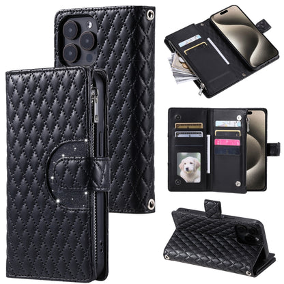 For iPhone 16 Pro Max Glitter Lattice Zipper Wallet Leather Phone Case(Black) by buy2fix