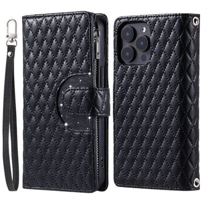 For iPhone 16 Pro Max Glitter Lattice Zipper Wallet Leather Phone Case(Black) by buy2fix