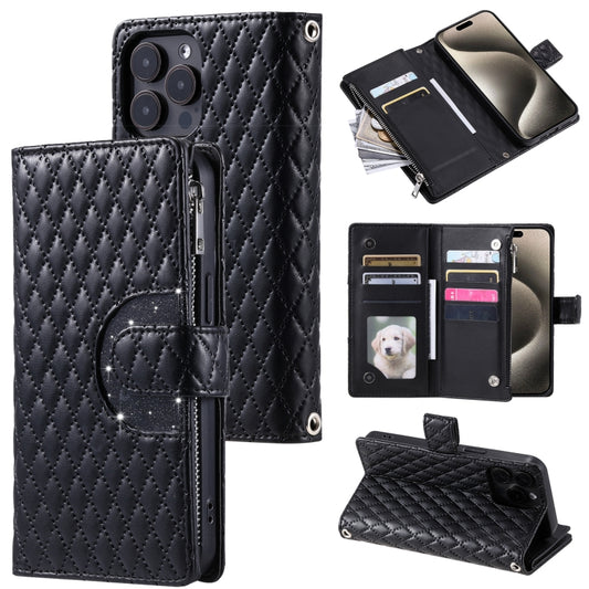For iPhone 16 Pro Glitter Lattice Zipper Wallet Leather Phone Case(Black) by buy2fix