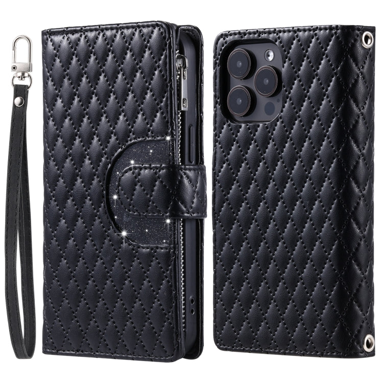 For iPhone 16 Pro Glitter Lattice Zipper Wallet Leather Phone Case(Black) by buy2fix