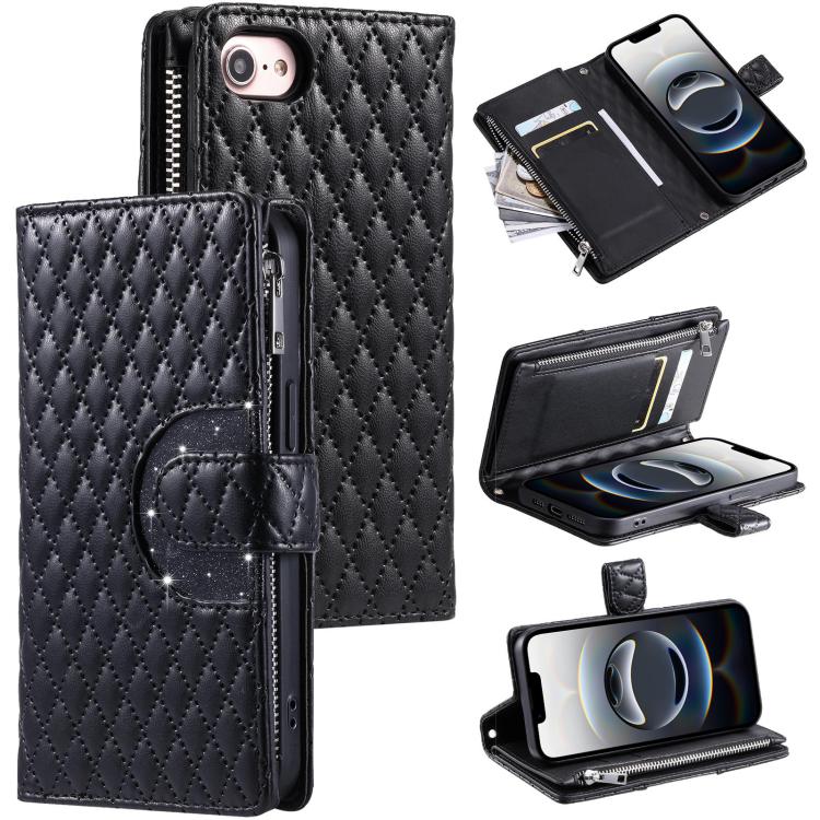 For iPhone 16e Glitter Lattice Zipper Wallet Leather Phone Case(Black) - iPhone 16e Cases by buy2fix | Online Shopping UK | buy2fix